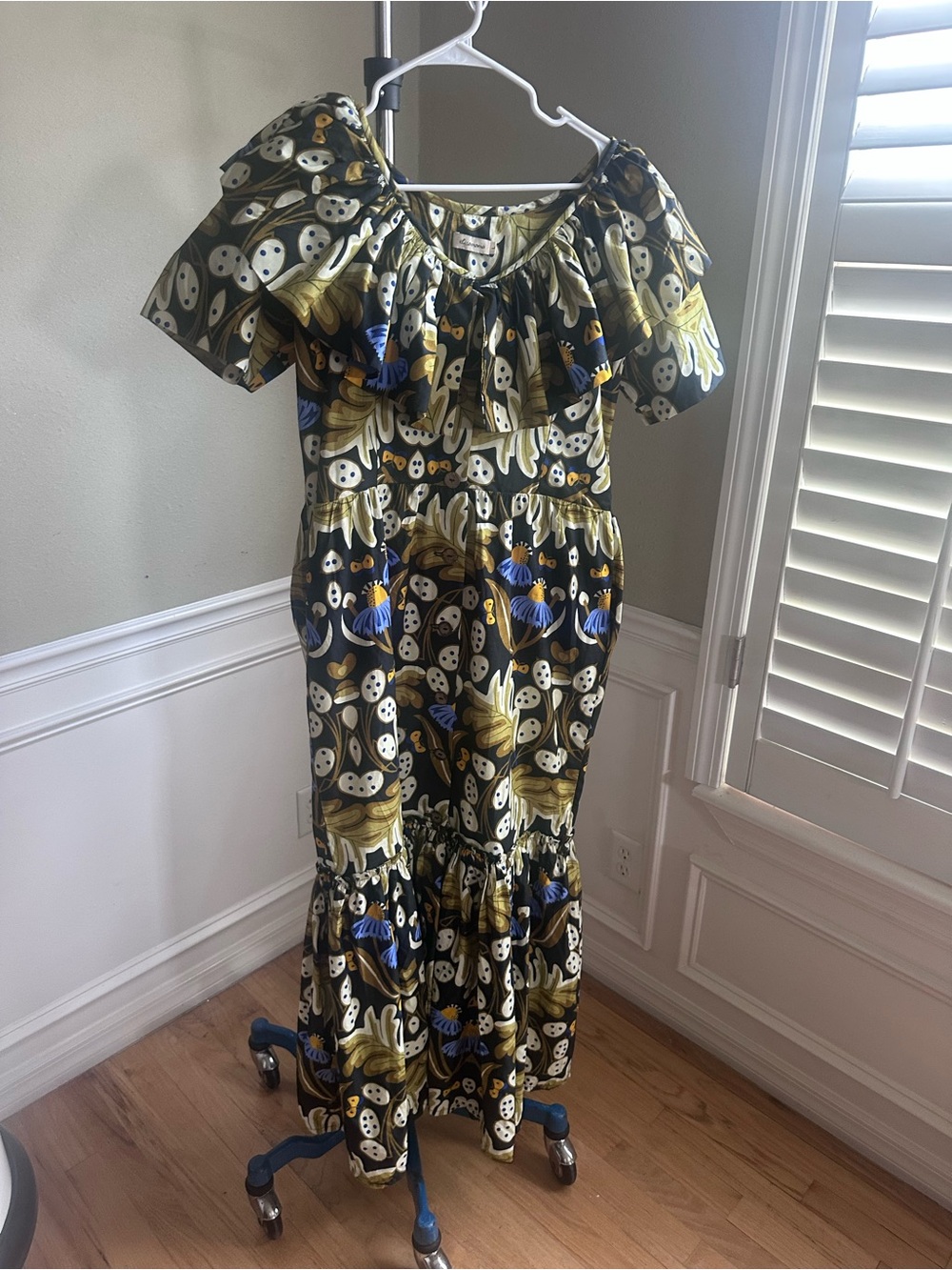 One-Shoulder Ruffle Maxi Dress in Black, Gold & Blue